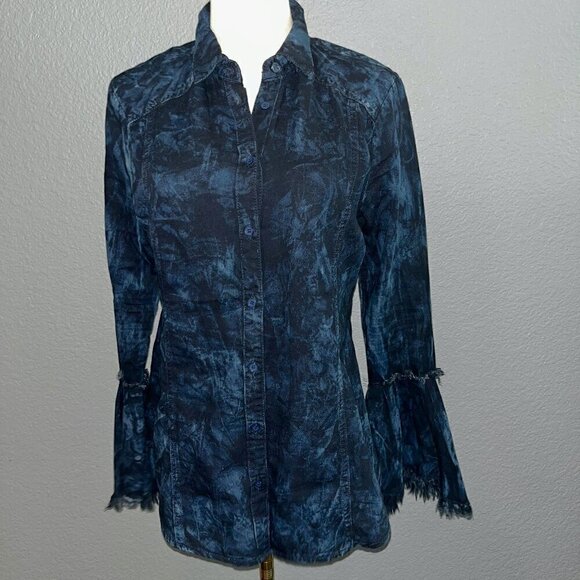 SCULLY Western Tie Die Black & Blue Ruffle Sleeves Frayed Edges Shirt Blouse Top - Picture 1 of 9